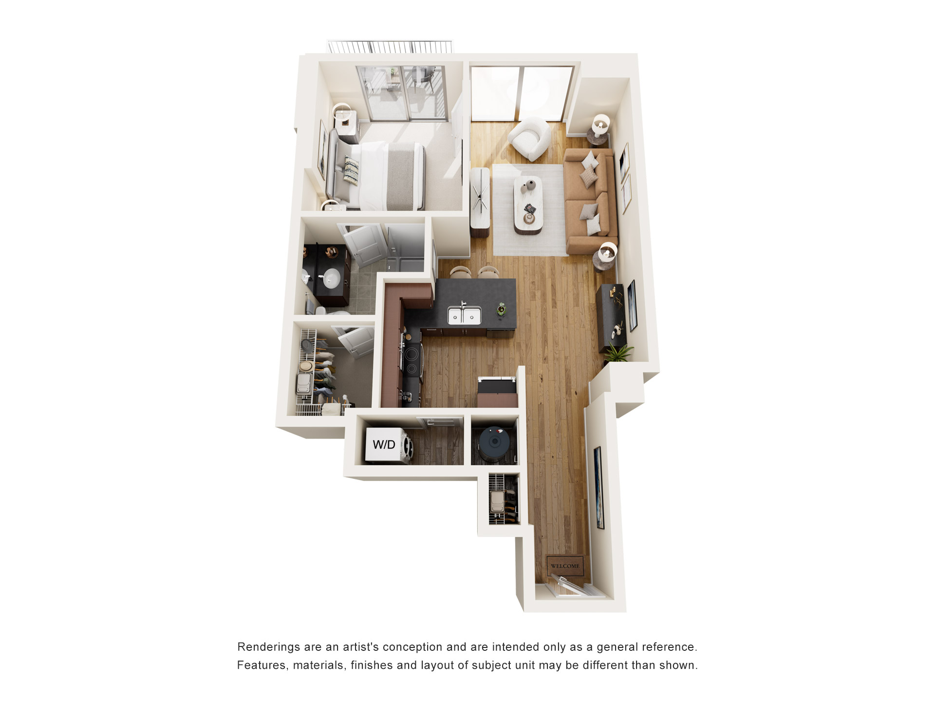 Floor plan for 1 bed, 1 bath, 702 sqft